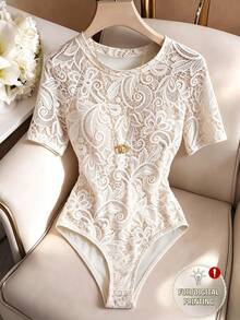 SHEIN Franclia 优雅女士连体衣、休闲连体衣、圆领连体衣、日常连体衣、短袖连体衣、优雅圆领针织连体衣、简约时尚针织连体衣、夏季连体衣、春季连体衣、沙滩连体衣、户外连体衣、优雅连体衣、度假连体衣、休闲印花连体衣 - 杏色 - 查看 1