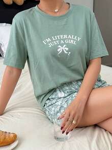 DAZY 女款字母印花圓領短袖上衣與短褲休閒居家服套裝 夏季睡衣 - 綠色 - 查看 5