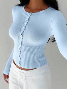 FavEase Women's Solid Color Casual Fitted Front Button Cardigan, Versatile - Blue - View 5