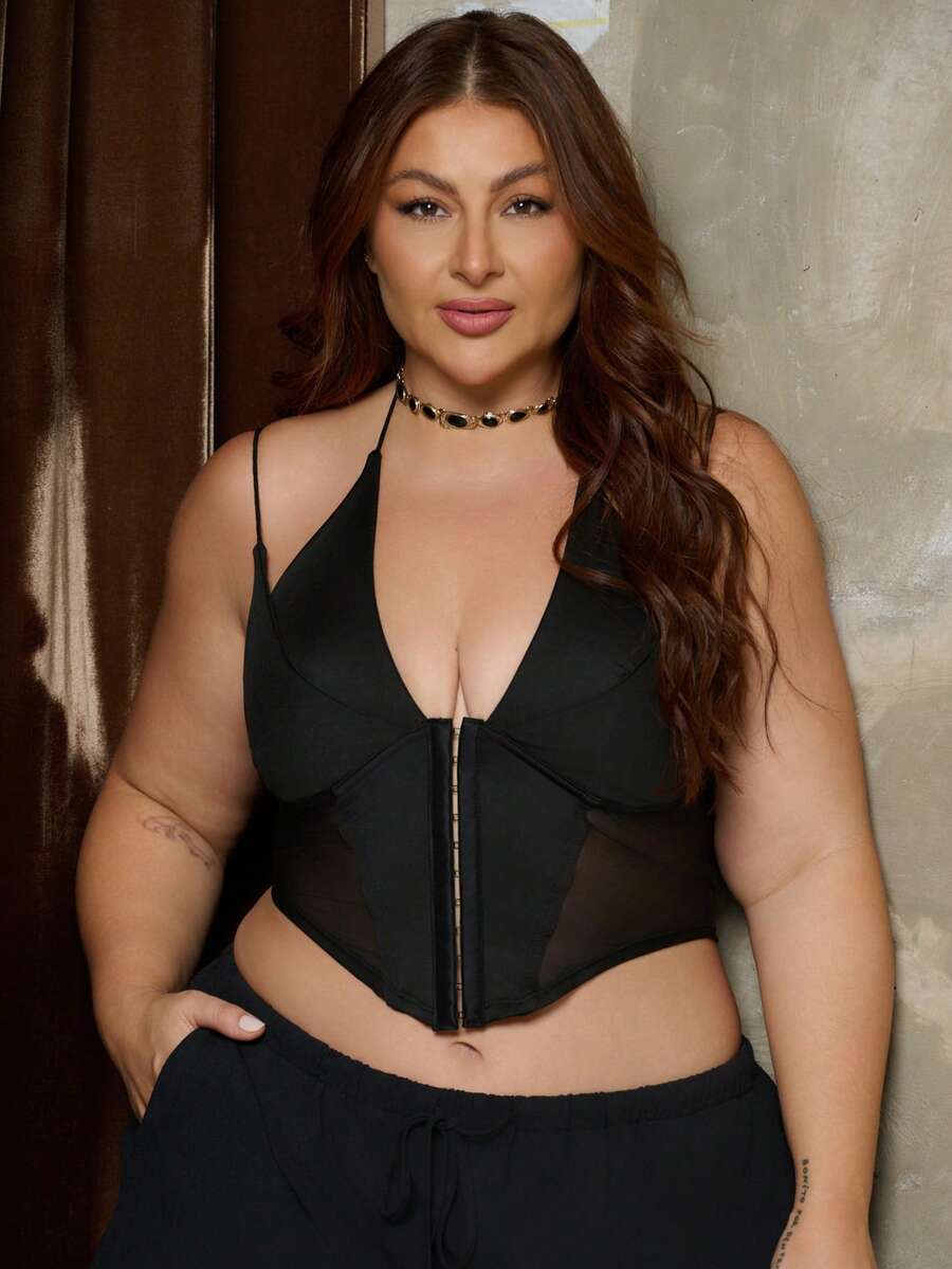 Lele Munniz Atasan Korset Crop Cami Jala Kontras Ukuran Plus Warna Hitam, Untuk Pakaian Kasual Musim Panas - Hitam - View 1