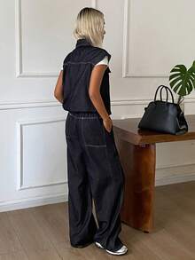 DAZY Women's Zipper Sleeve Top And Long Pants Casual Daily Denim Set - Navy Blue - View 2