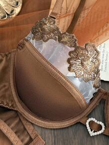 Divavoom Women's Sexy Hollow Lace Striped Satin Non-See-Through Underwire -Back Panty Lingerie Set 2pcs - Coffee Brown - View 6