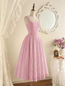 Vintamour Women's Summer Elegant Solid Color Lace Sleeveless Midi Dress - Baby Pink - View 3