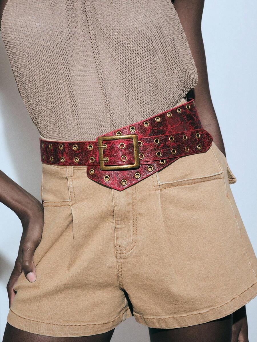 Noxbound 1pc Women's Dark Western Style Heavy Studded Wide Waist Belt - Burgundy - View 1