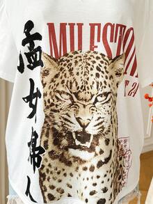 Comfortcana 大尺碼春夏服飾，大尺碼春夏做舊雪花醋酸纖維玫瑰紅寬鬆短袖小V領大尺碼T恤 - 白色 - 查看 6