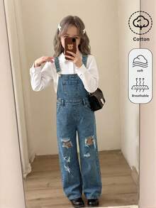 SHEIN 女童深藍色牛仔寬鬆破洞吊帶褲 - 藍色 - 查看 1