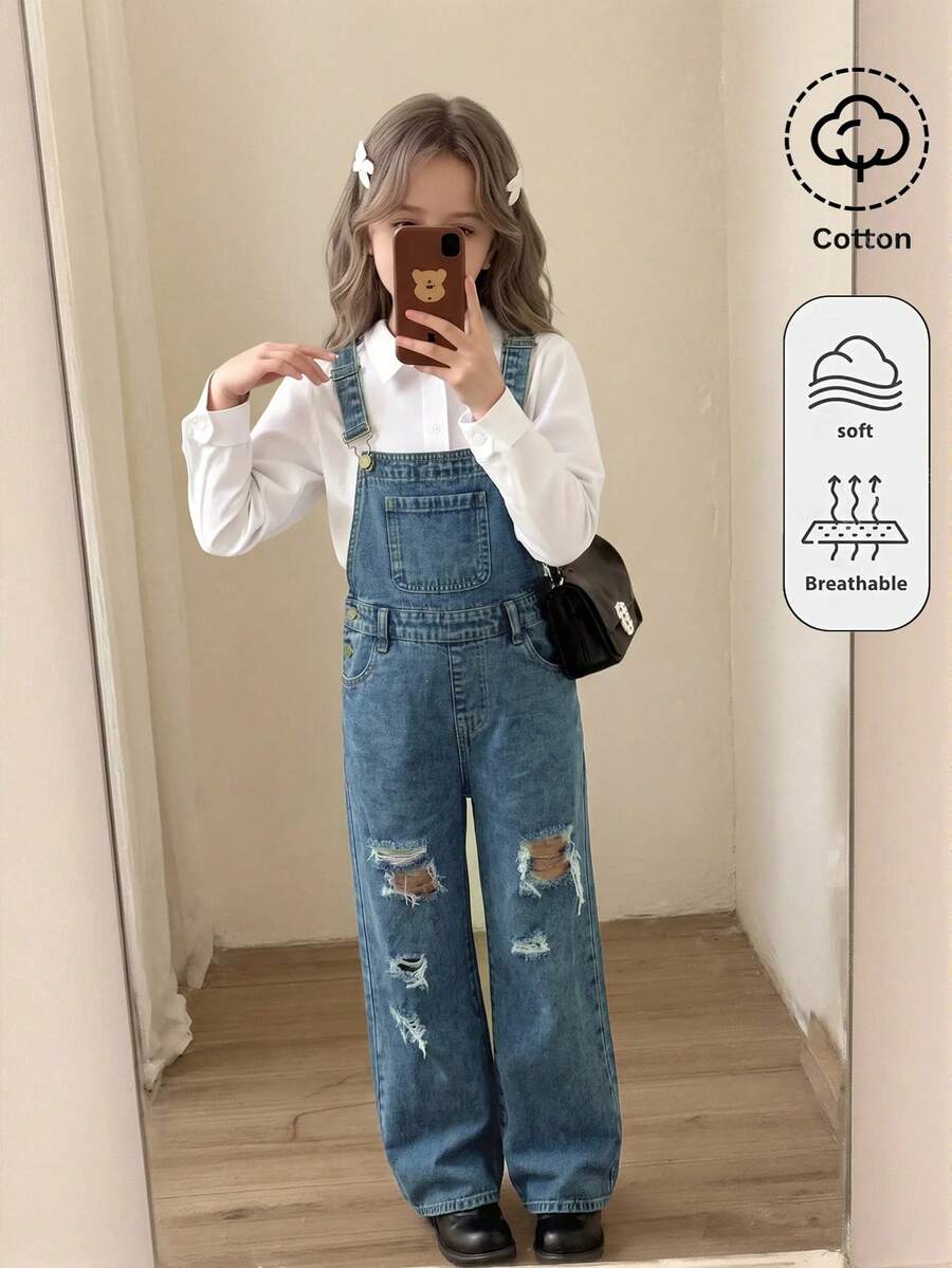 SHEIN 女童深藍色牛仔寬鬆破洞吊帶褲 - 藍色 - 查看 1