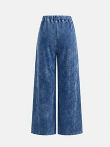 Teen Girls Heart Pattern Blue Knit Denim Loose T-Shirt & Pants 2pcs Set - Blue - View 7