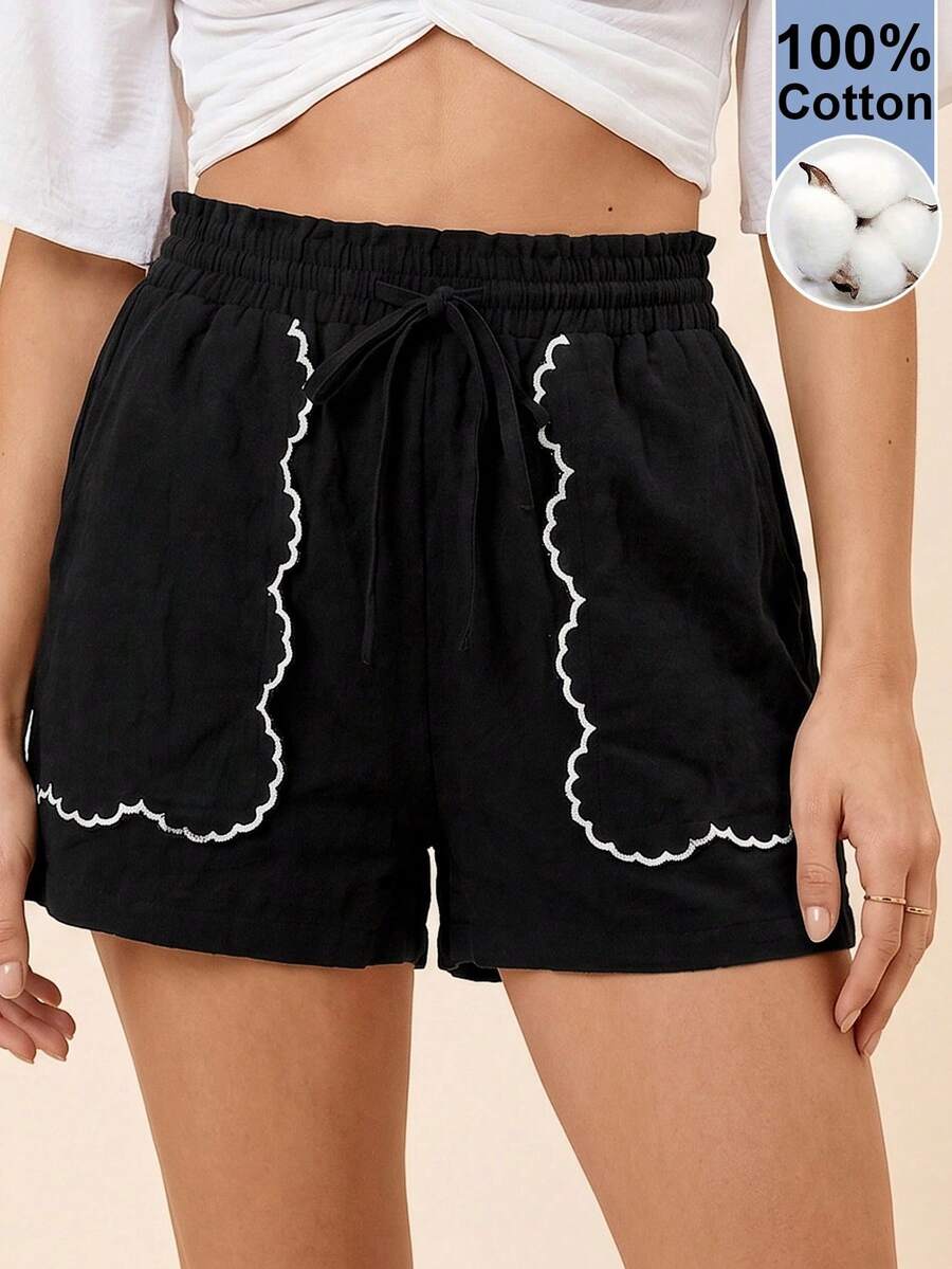 Coeurva Casual Vacation Solid Color Woven Loose Fit Women's Shorts - Black - View 1