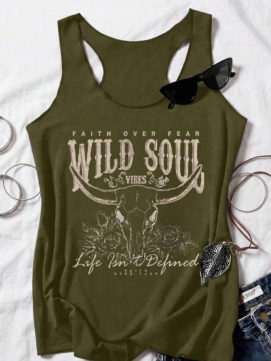 Attitoon Women's Casual Western Bull Head Pattern Fitted Racerback Tank Top, Summer - Army Green - View 1
