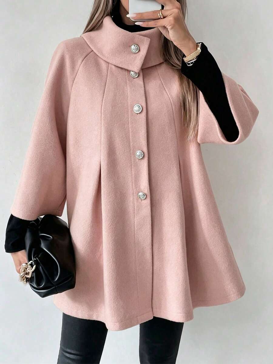 SHEIN LUNE 女式休闲前扣宽松插肩袖羊毛大衣,适合日常穿着 - 粉色 - 查看 1