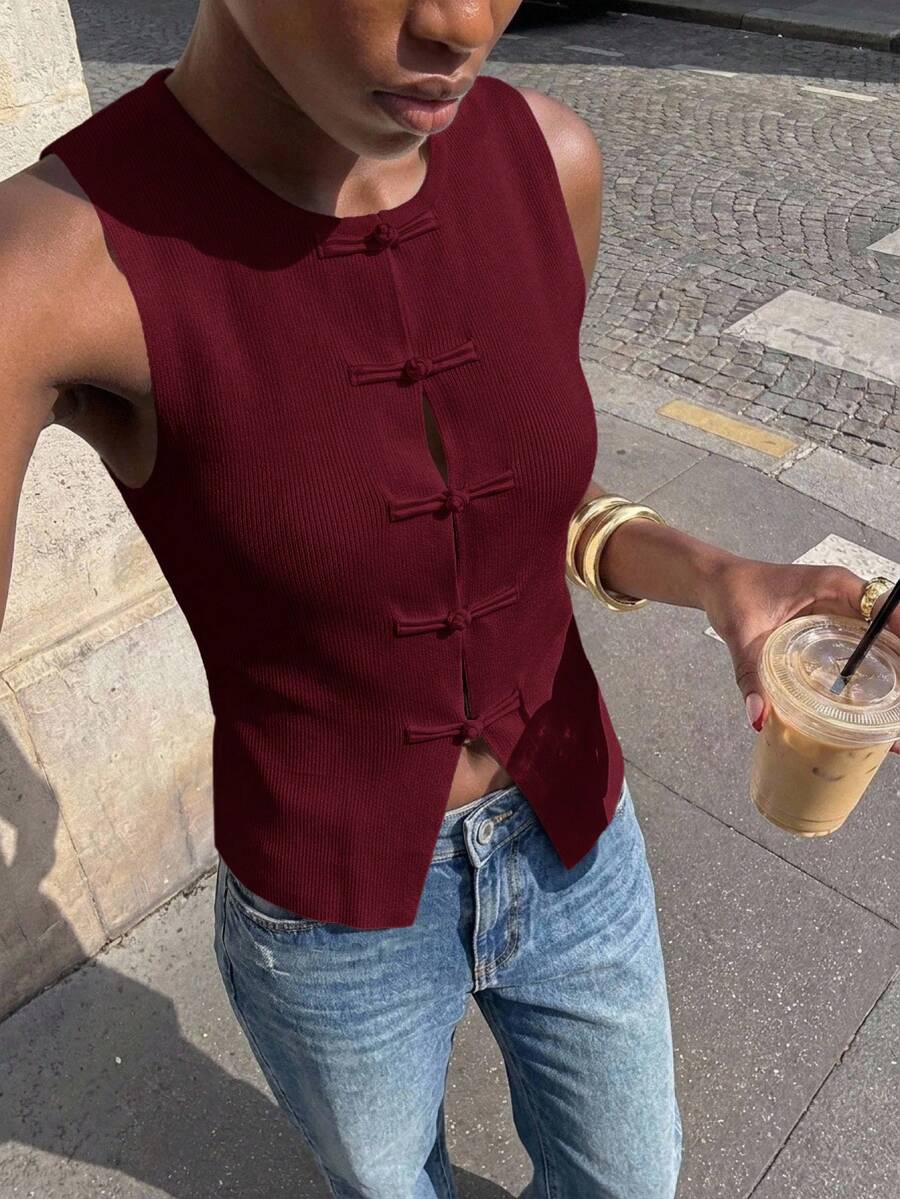 Maija Women's Solid Color Casual Versatile Daily Knit Top - Burgundy - View 1
