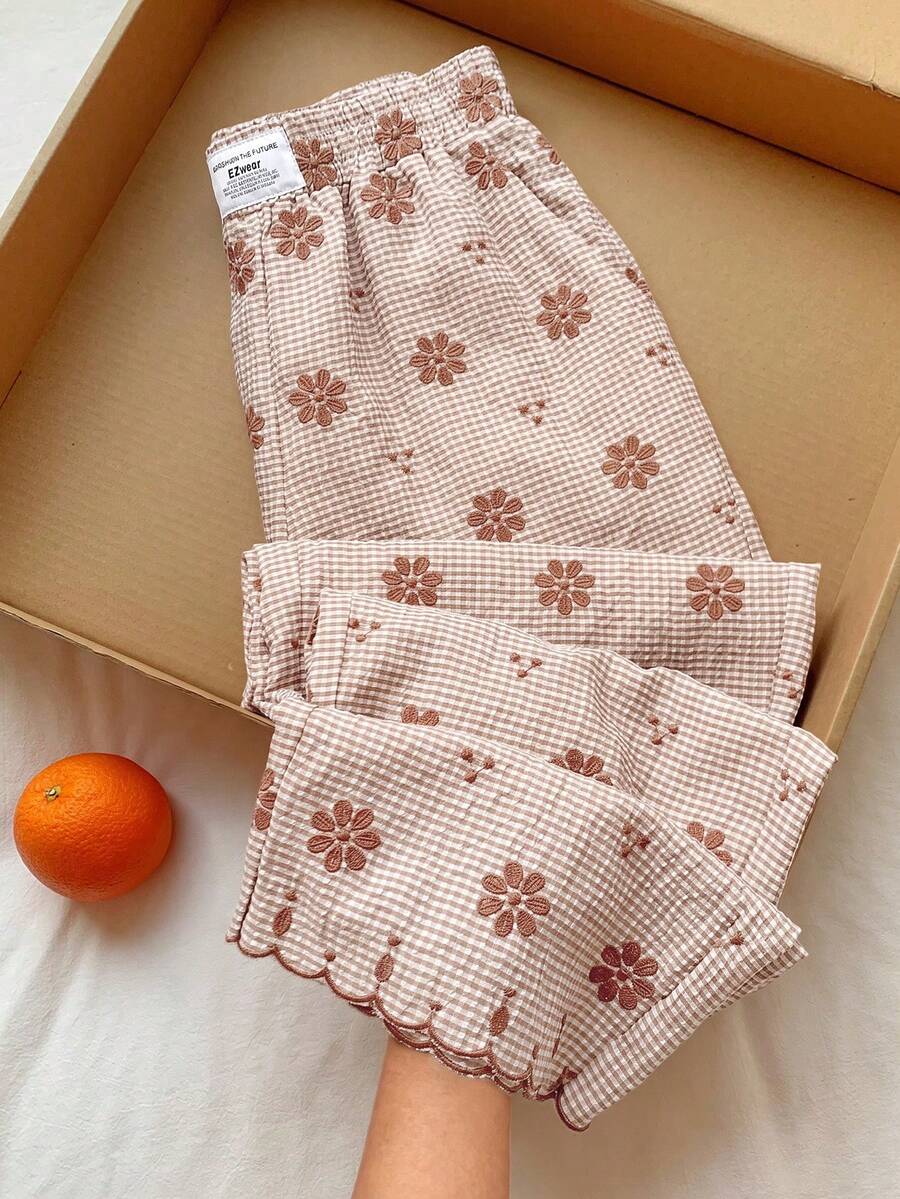 Comfortcana 2026 春夏新款女款橘色格紋花卉刺繡寬腿褲,冬季、復活節、派對、海灘、婚禮、畢業、優雅、休閒、度假、運動、正式、Y2k、商務、亮片、流蘇、荷葉邊、花卉、圖案 - 卡其色 - 查看 1