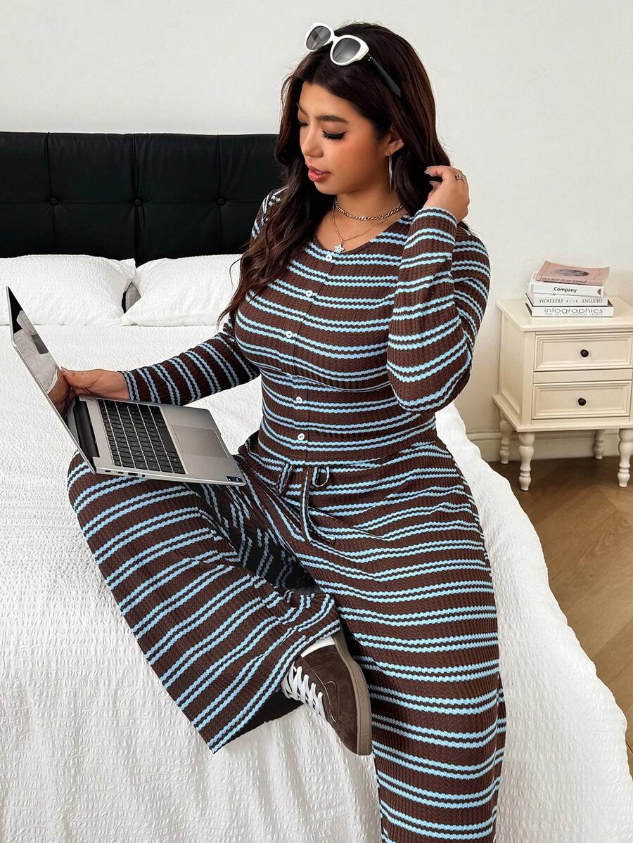 SHEIN EZwear Casual Striped Top And Pants Plus Size Women's Set - Multicolor - View 1