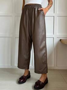 DAZY Celana Setelan Wanita Gaya Komuter Berlipit Longgar Berpinggang Tinggi Musim Gugur/Dingin, Bahan Tenun Warna Polos, Dipadukan dengan Jaket Kulit - Coffee Brown - View 6