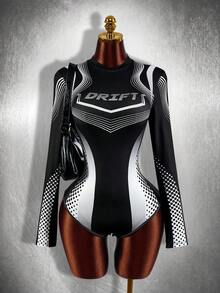 Amplova Damen Motorrad Schulanfang Saison figurbetonter Langarm Mini Bodysuit - Schwarz und Weiss - Übersicht 1