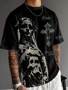 GymRaken Vintage Dark Religious Skull Virgin Mary Print Men Short Sleeve Tee, Washed Black Distressed Texture Gothic Cross Letter Graphic, Loose Crew Neck Stre - Multicolor - View 5