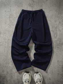 SHEIN 兒童青少年男孩休閒百褶長款運動長褲，深藍色極簡百搭，Y2K下身單品，SS26 - 藏蓝色 - 查看 4