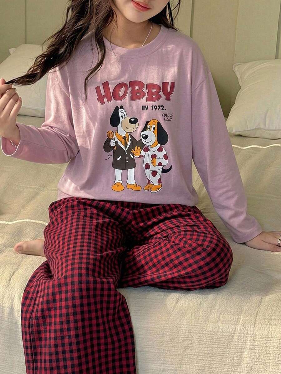 DAZY Tween Girl Loose Long Sleeve Graphic T-Shirt Top + Plaid Casual Straight Leg Pants 2 Pieces Loungewear Set Fall - Pink - View 1