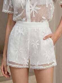 Anewsta Women's Spring/Summer Elegant Water-Soluble Coconut Flower Pattern White Fashion Versatile Shorts, Elegant Shorts, Spring/Summer Short - White - View 3