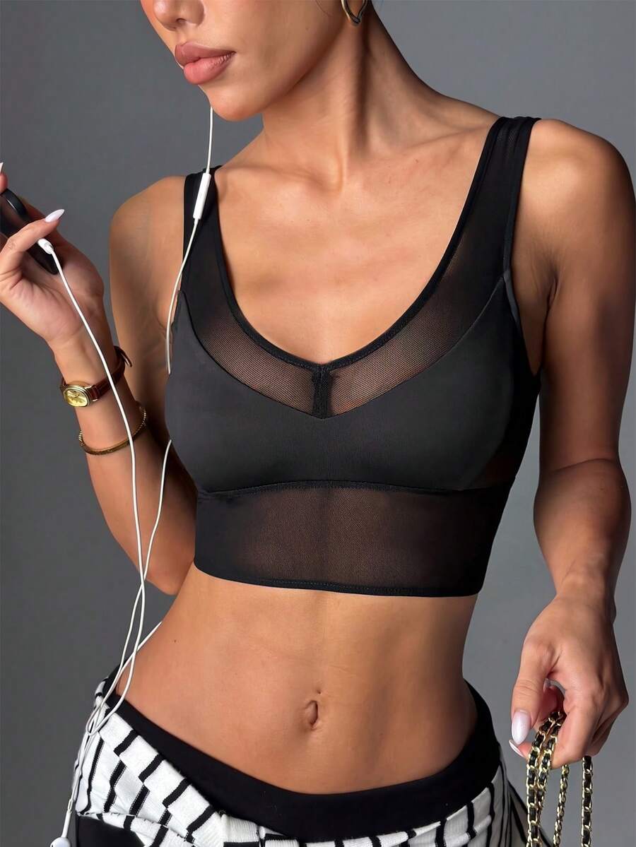 Easithlete Mesh Patchwork Cropped Sexy Sports Tank Top - Black - View 1