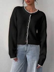 SHEIN BASICS Cardigan de punto con bordado de concha en contraste de color, adecuado para salidas de otoño/invierno, de vuelta a la escuela - Negro - Ver 6