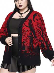 ROMWE Winter/Christmas Gothic Horror Raven, Bat, Moon, Graveyard, Tree Branch, Plant Print Plus Size Color Block Loose Cardigan, Plus Size - Red - View 4