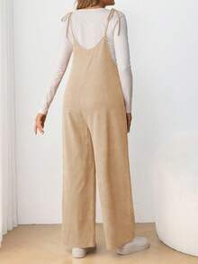 SHEIN 孕婦休閒細肩帶蝴蝶結修身長版連身褲 秋季 - 卡其色 - 查看 2