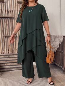 Lacomfia Casual Minimalist Solid Color Chiffon Round Neck Short Sleeve Asymmetrical Hem Long Top And Solid Color Elastic Waist Wide Leg Pants Spring Summer Plus Size 2-Piece Set - Army Green - View 1