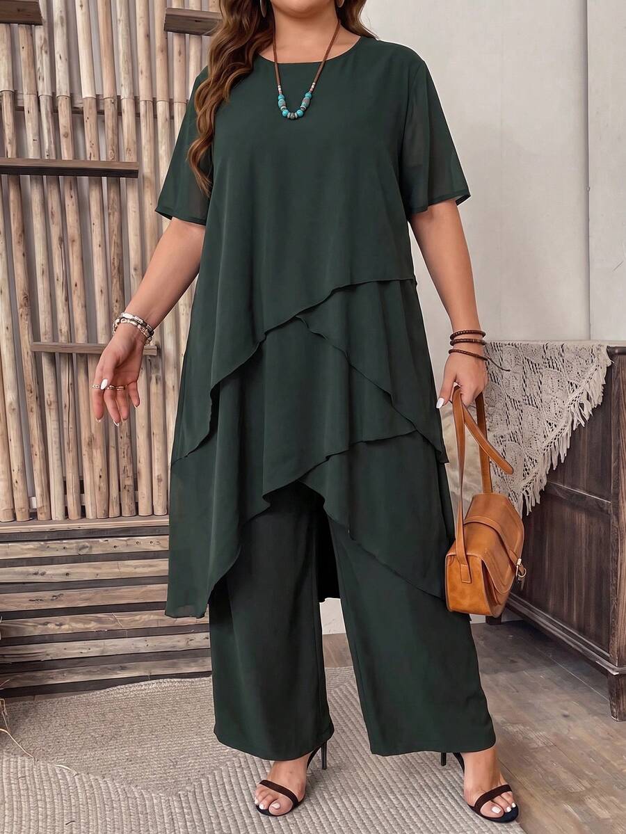 Lacomfia Casual Minimalist Solid Color Chiffon Round Neck Short Sleeve Asymmetrical Hem Long Top And Solid Color Elastic Waist Wide Leg Pants Spring Summer Plus Size 2-Piece Set - Army Green - View 1