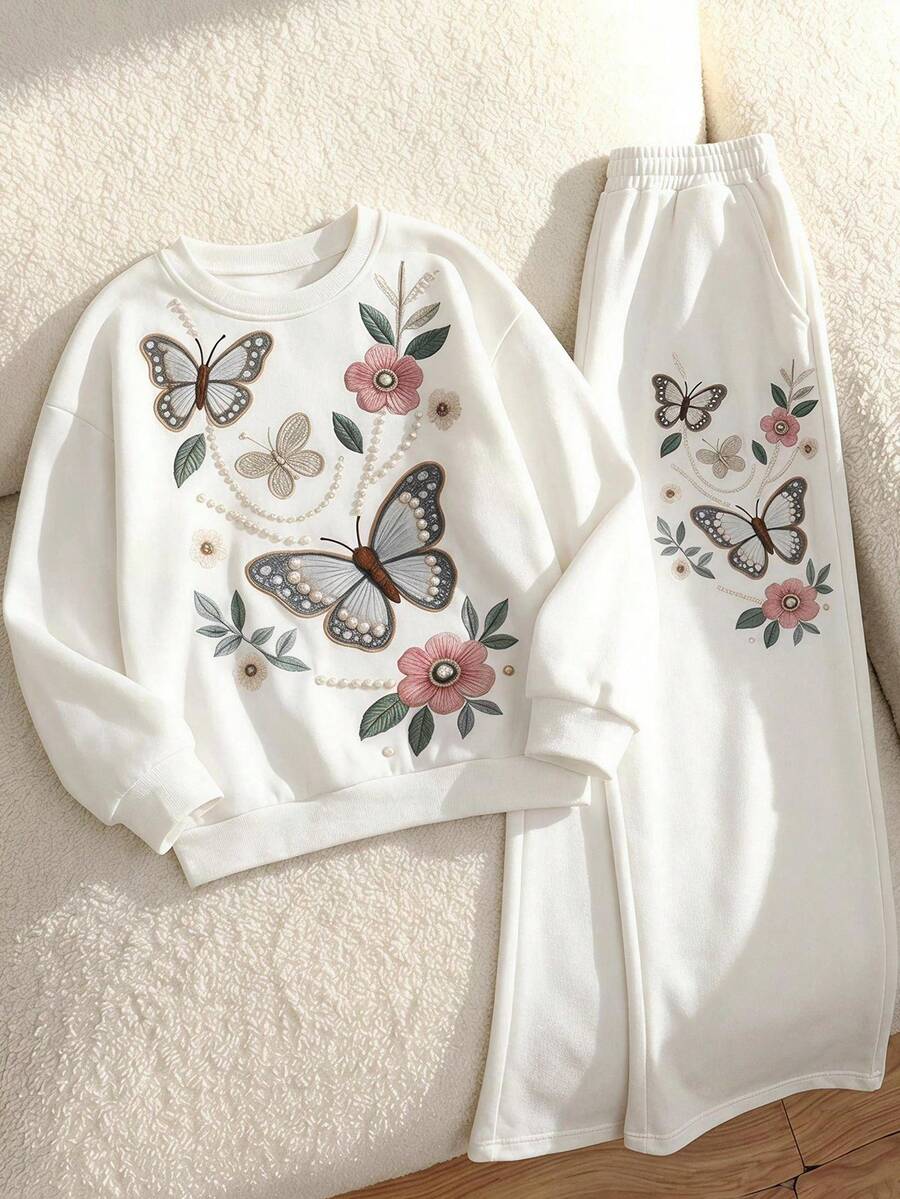 SHEIN Tween Girl 花卉 T-shirt 波西米亞野花上衣 植物圖案衛衣與長褲 2 件套 - 白色 - 查看 1