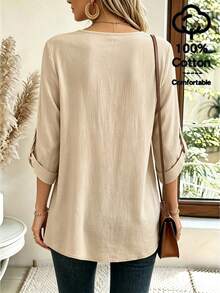 SHEIN Oatmeal Solid Color Washed Textured Round Neck Half-Open V-Placket With Two Brown Wooden Buttons Cuff Button Loops Foldable Double-Layer Asymmetrical Curved Hem Loose Mid-Length Shirt - Apricot - View 3