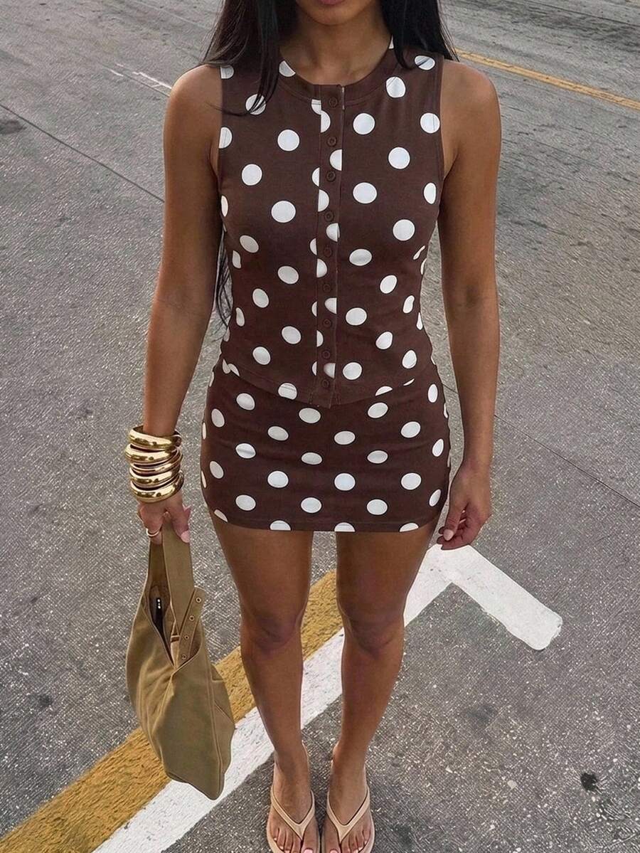 SHEIN BAE 女款休閒修身開襟背心與修身迷你裙兩件套，波點印花，優雅，夏季穿搭，街頭風，適合日常通勤、約會、派對、秋冬/夏季、婚禮、海灘、畢業典禮、優雅、休閒、外出、Y2K、音樂節穿搭、度假服裝、返校 - 彩色 - 查看 1