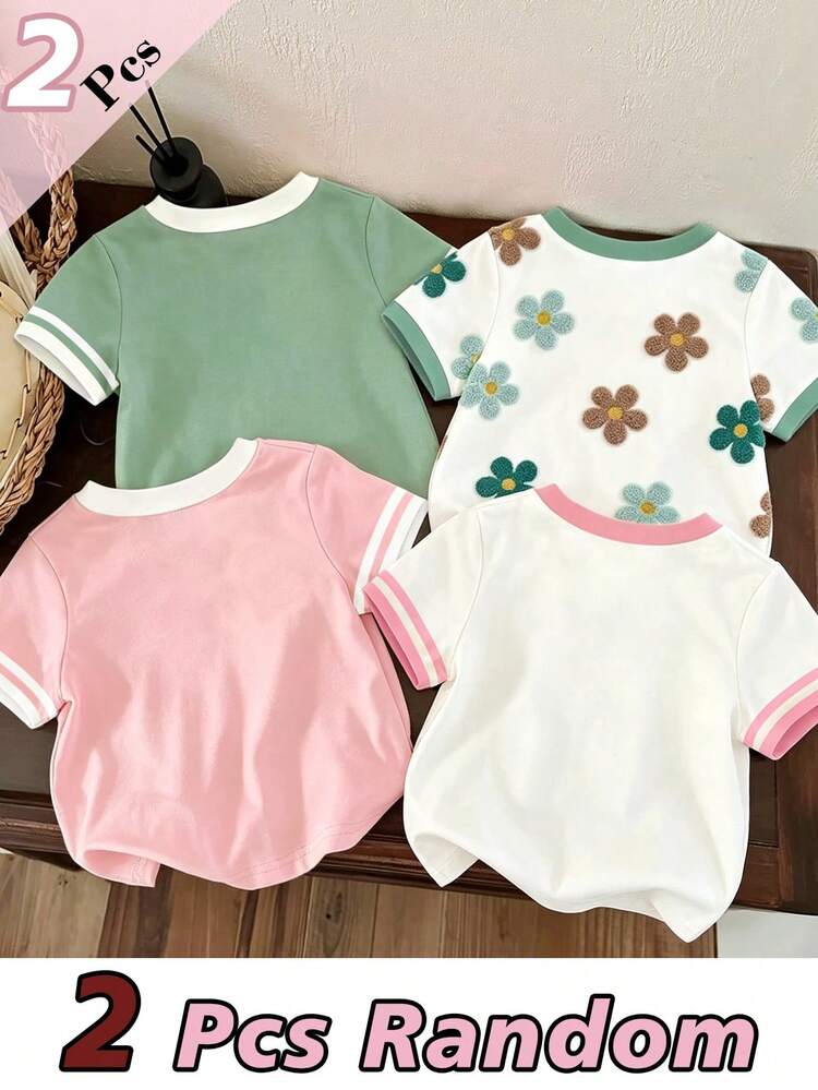 Souflis Souflis (Random 4 Pieces,Send 2 Pieces)Girls Toddler Small Floral Strawberry Pink White Green White Color Block Pattern All-Match Short Sleeve T-Shirt 2pcs Set Cute Cartoon Daily Comfortable Versatile - Multicolor - View 2