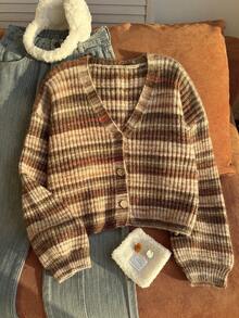 Comfortcana Cardigan casual versatile da donna taglie forti, a righe e colorblock, per uso quotidiano invernale - Multicolore - Visualizzare 7