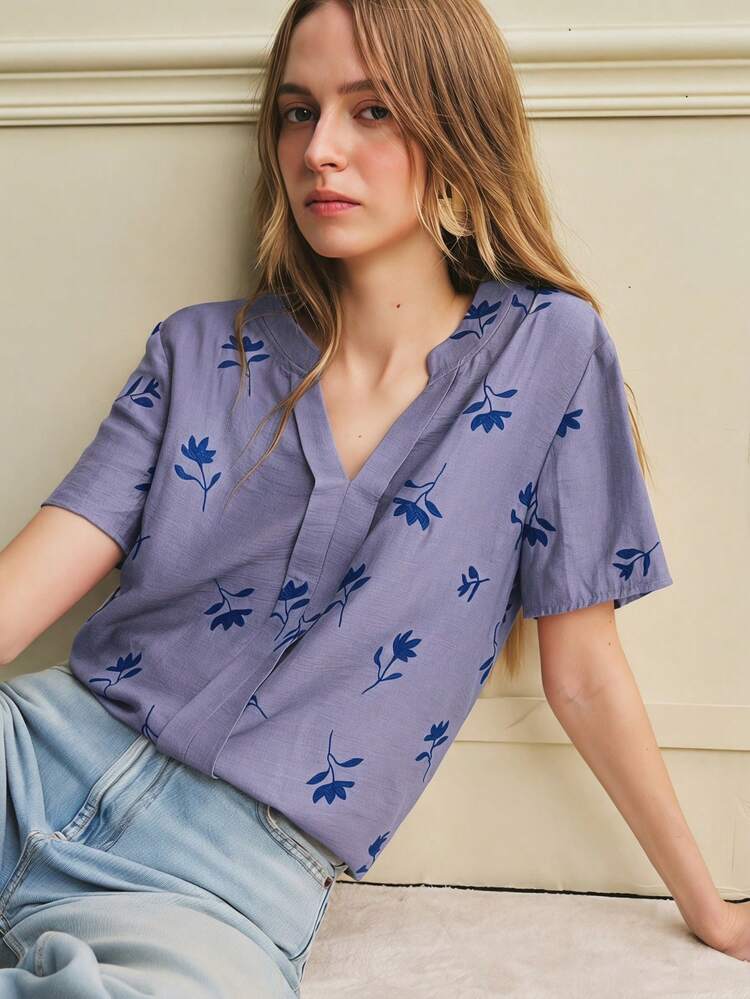 Écloséra New Spring/Summer V-Neck Slimming Short Sleeve Women's Blouse - Multicolor - View 1