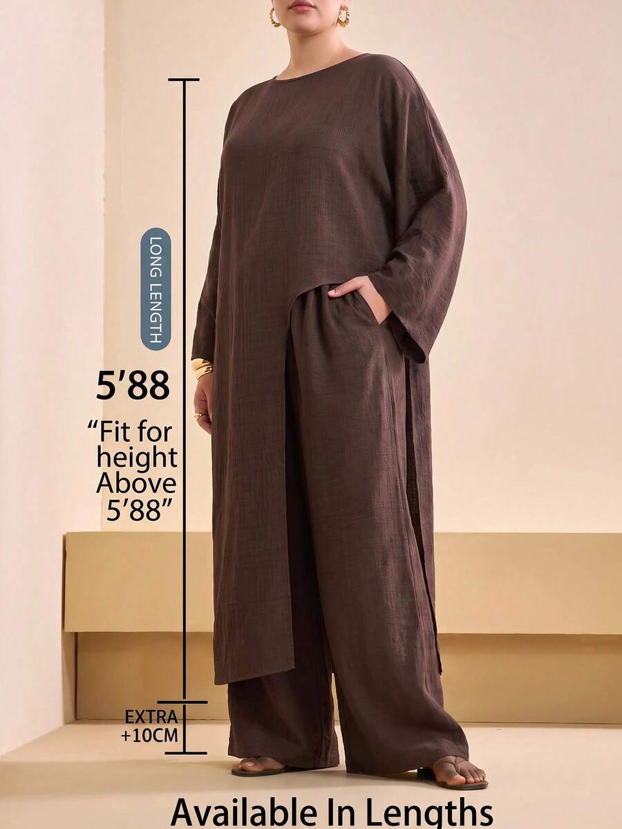 SHEIN Tall CURVE Plus Size Solid Color Versatile Asymmetrical Hem Long Robe And Loose Wide Leg Pants With Pockets 2 Pieces Set - Brown - View 1