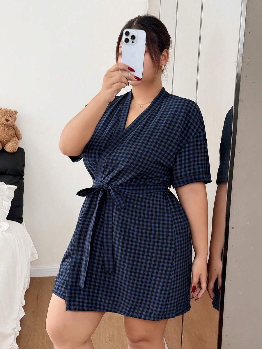 Napfluff CURVE Napfluff CURVE Casual Plaid Short Sleeve Comfortable Plus Size Nightgown - Multicolor - View 1