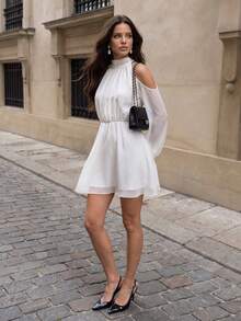 Privoire Women's Solid Color Off-Shoulder Long Sleeve Fashion Elegant Short Dress - Beige - View 8
