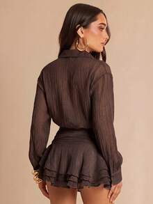 Silquee Robe mini élégante de couleur unie avec volants pour les trajets - Tabac - Voir 2