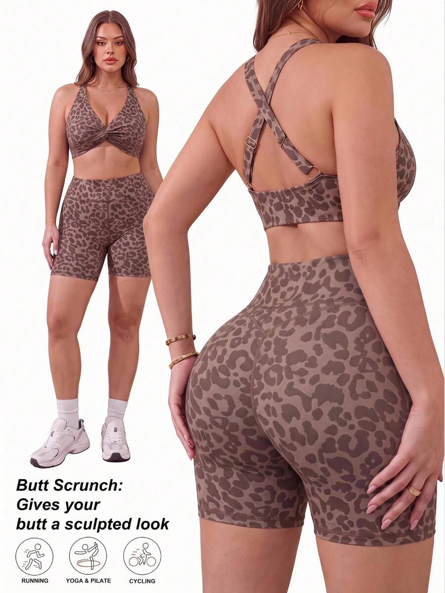 Gameset SHEIN Sport 2026 New Leopard Animal Print Top & Bottom 2-Piece Set, All-Season Style, Autumn/Winter Women's Plus Size Sportswear - Multicolor - View 1