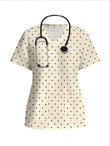 PopScrub Casual Minimalist Scrub Top With Retro Polka Dot Colorblock Print, Suitable For Pet Hospital And Commuting - Multicolor - View 1