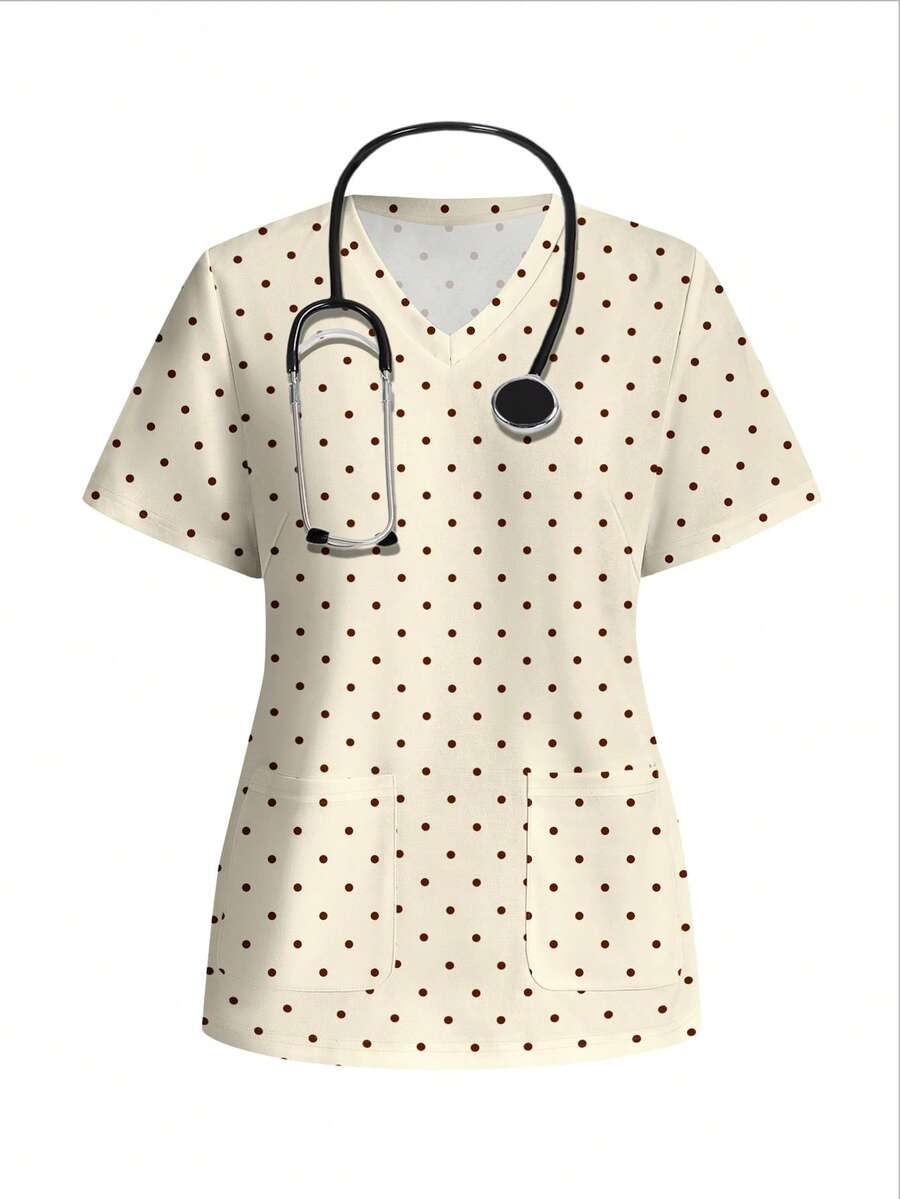 PopScrub Casual Minimalist Scrub Top With Retro Polka Dot Colorblock Print, Suitable For Pet Hospital And Commuting - Multicolor - View 1