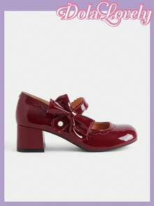 Dola Lovely Women's Shoes, Pink, Mary Jane, Bow Decoration, Lolita Wears Sweet Japanese JK Uniform Shoes, Thick Heels And High Heels. - Burgundy + Bow - View 3