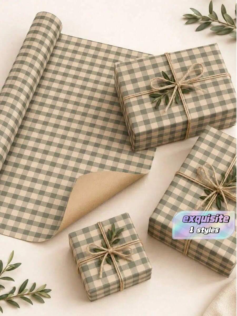 5m Roll Kraft Paper With Green Plaid Pattern, 43cm X 500cm Thick Gift Wrapping Paper For Christmas, New Year, Birthday, Bachelorette Party, Holiday Decoration - Green Plaid - 5m - View 1