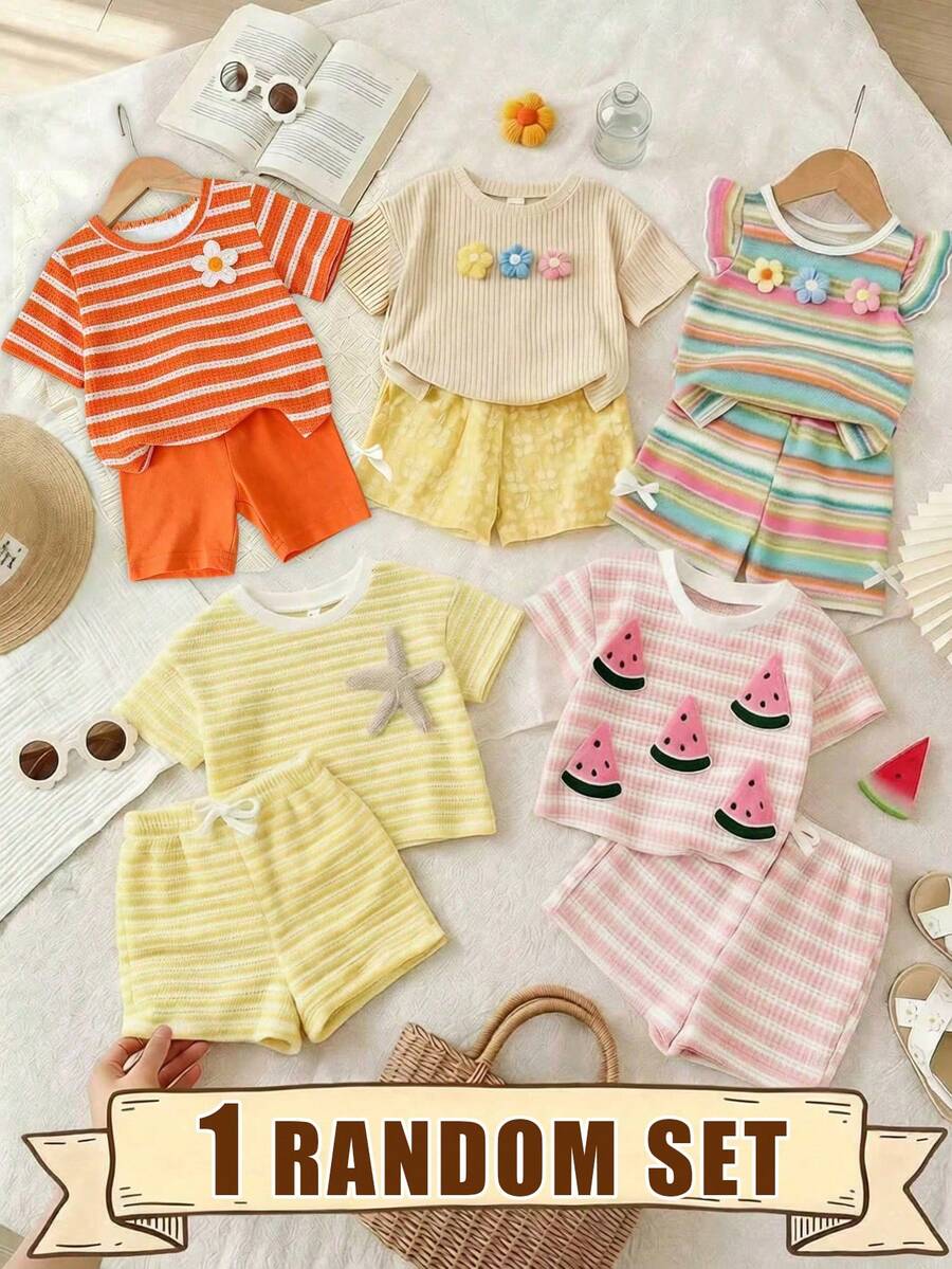 (Random 5 Sets,Send 1 Set)Spring Summer Autumn Girls Young Fashion Creative Fresh Light Color Palette Colorful Refreshing Striped Floral Pattern Print Basic Short T-Shirt And Biker Shorts Set Sets - Multicolor - View 1