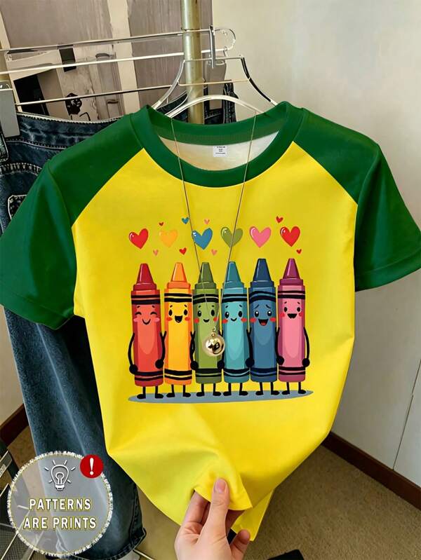 Temporada de Regreso a la Escuela Lápiz de Crayón Niña Preadolescente Niños Grandes Adecuado para Niñas Xu'eao Campus Amarillo Verde Camiseta Personalizada Uso Todo el Año Top Vibrante y Alegre Corazón Rojo Amarillo Azul Verde Púrpura Lápiz