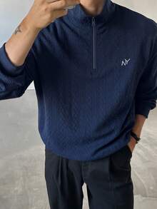 DAZY Navy Blue Textured Knit Fabric Letter Embroidered Stand Collar Half-Zip Pullover Sweatshirt For Men Fall - Navy Blue - View 2