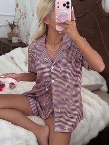 CottageSlumber Women's New Lemon Plaid Print Button-Front Short Sleeve Shorts Pajama Set - Burgundy - View 5