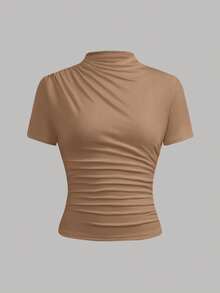 SHEIN Teen Girls 2pcs/Set Solid Color Ruched Small Stand Collar Short Sleeve T-Shirts - Khaki - View 4